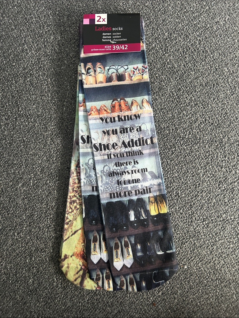 Ladies Novelty Shoe-Print Socks with Text - Multicolor
